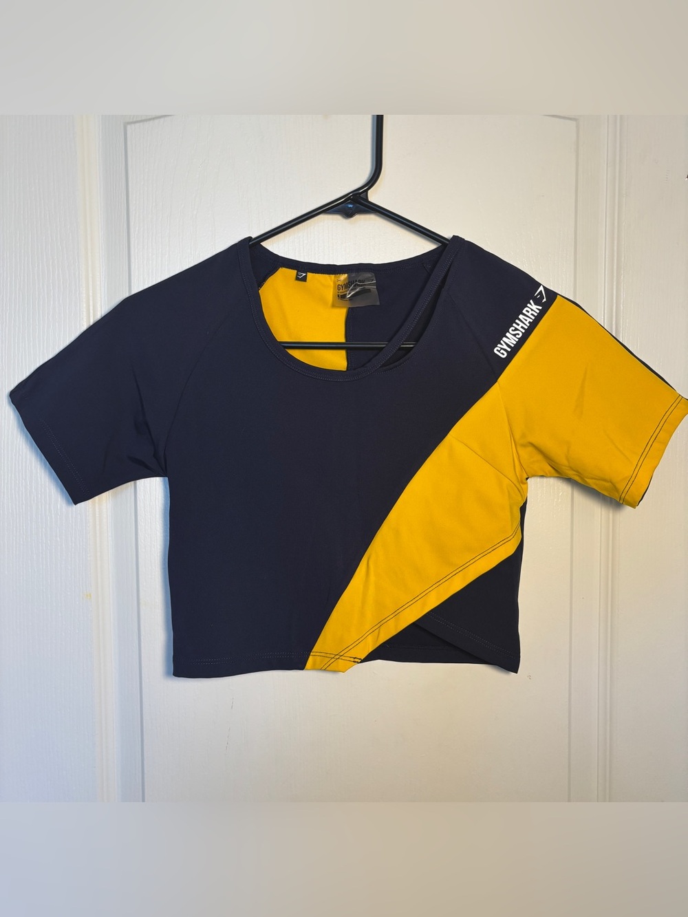 Gymshark Navy and Yellow Diagonal Cropped Performance Top